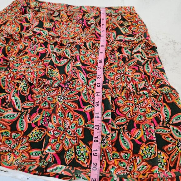 J. Crew Floral Boho Pink Green Print Skirt Large Tired Ruffle Knee Length Flowy - Picture 8 of 9